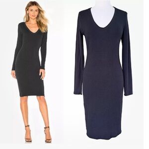 JAMES PERSE‎ BODYCON SCOOP NECK LONG SLEEVE BLACK MINIMAL CAPSULE WARDROBE DRESS